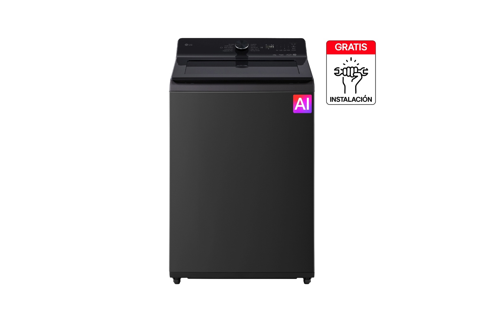 Vista frontal de Lavadora LG Carga Superior 20Kg AIDD EasyUnload Negro Brillante WT20NBTX6T